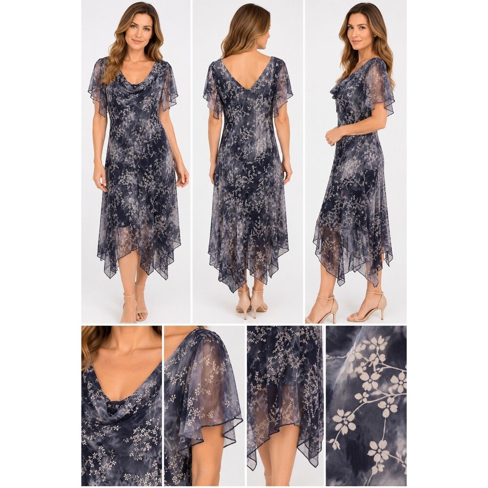 Signature by Robbie Bee Womens Size 12 Blue Floral Sheer Chiffon Cowl Neck Dress